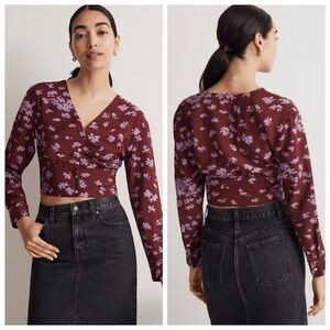 Madewell V-Neck Button Front Cropped Top Sz XL Burgundy Floral Long Sleeve